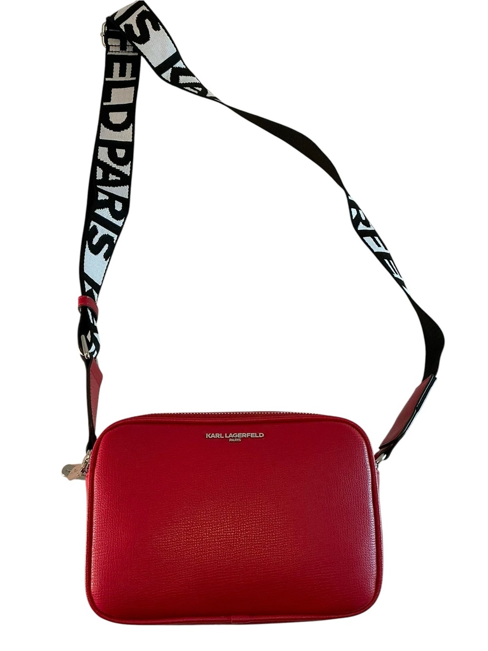 Karl Lagerfeld Paris Maybelle Crossbody Logo Strap Crimson Red Camera Bag, Purse